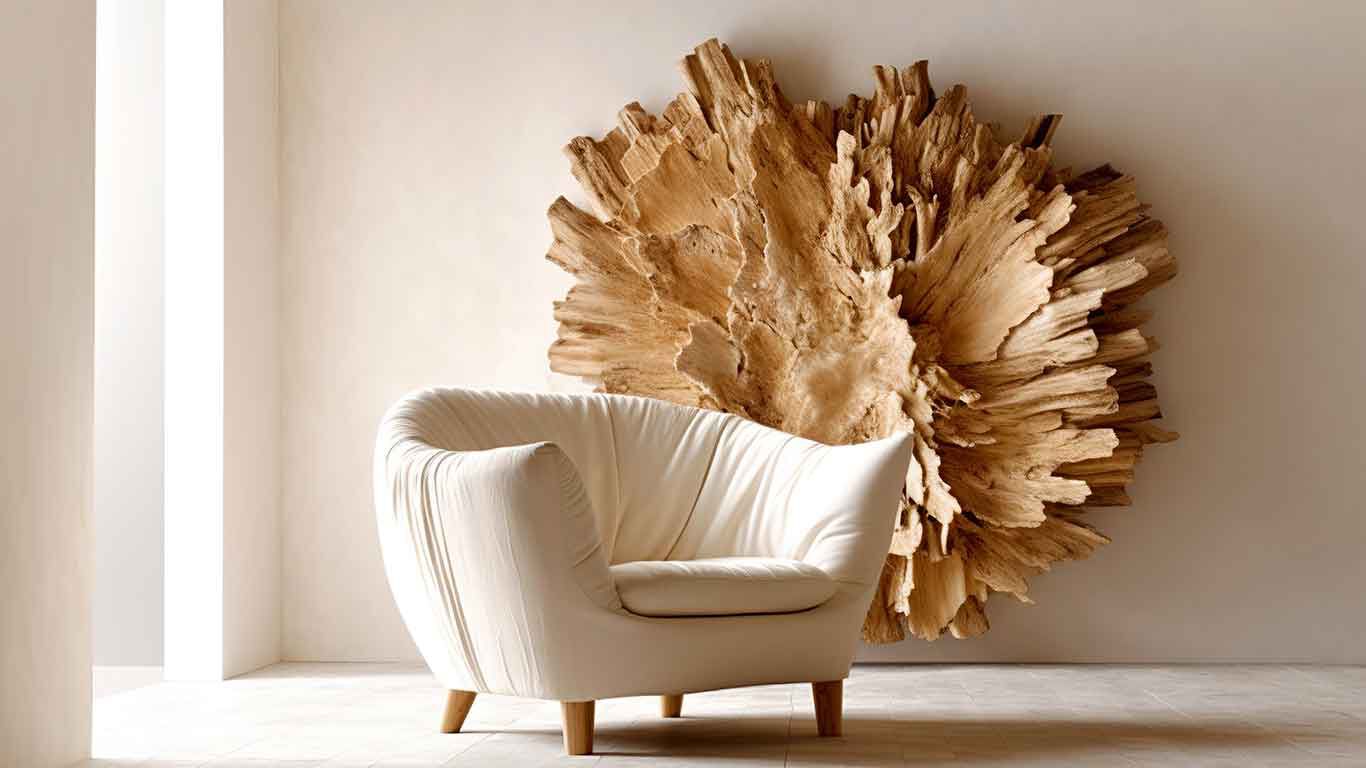 Beige armchair in front of a wooden ornament in a light-flooded room.