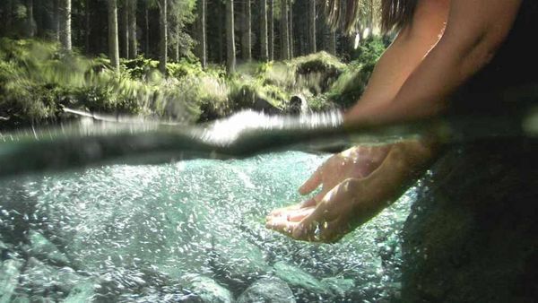 Twee handen ondergedompeld in water.