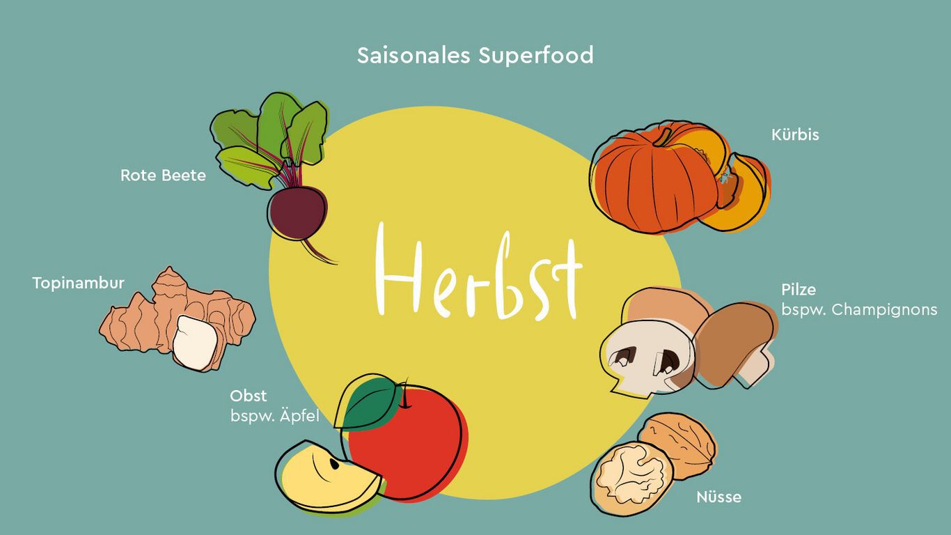 Infographic over seizoensgebonden superfoods in de herfst.