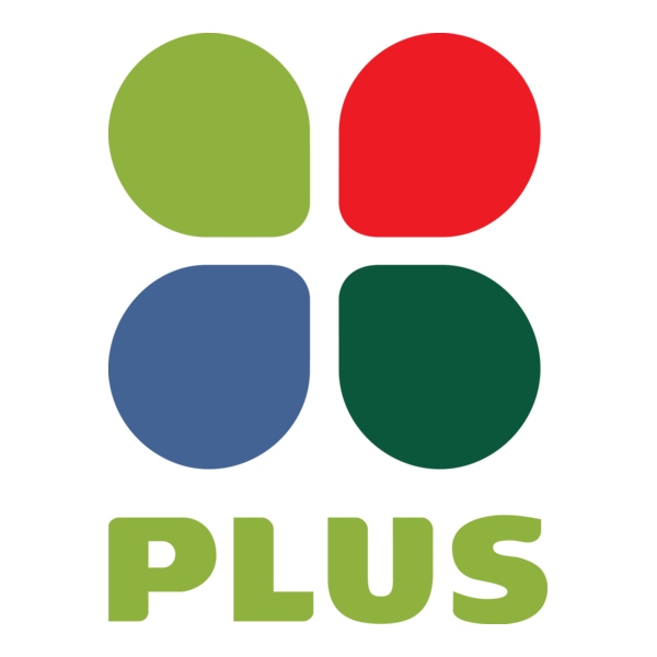 Logo supermarkt Plus met bladeren in rood groen blauw