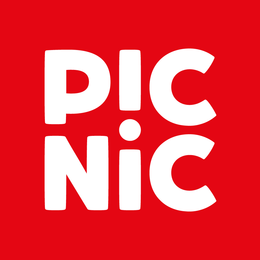 Logo van online supermarkt Picnic, witte letters op een rode vierkant