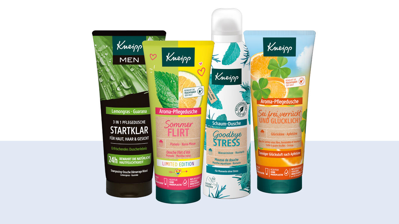 Abbildung der Kneipp Duschen Produkte 3in1 Startklar, Sommerflirt, Schaumdusche Goodbye Stress und Dusche Sei frei, verrückt und glücklich