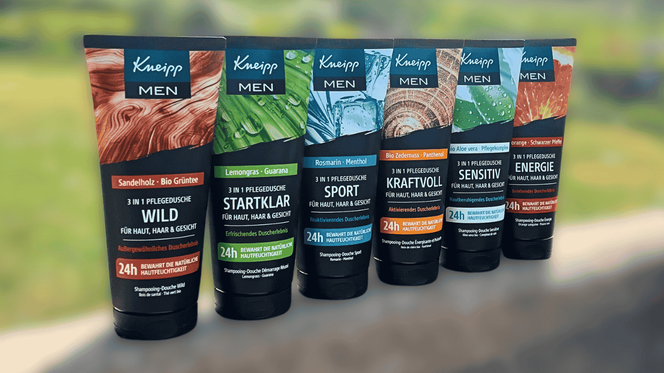 alle Kneipp MEN Duschen nebeneinander aufgereiht