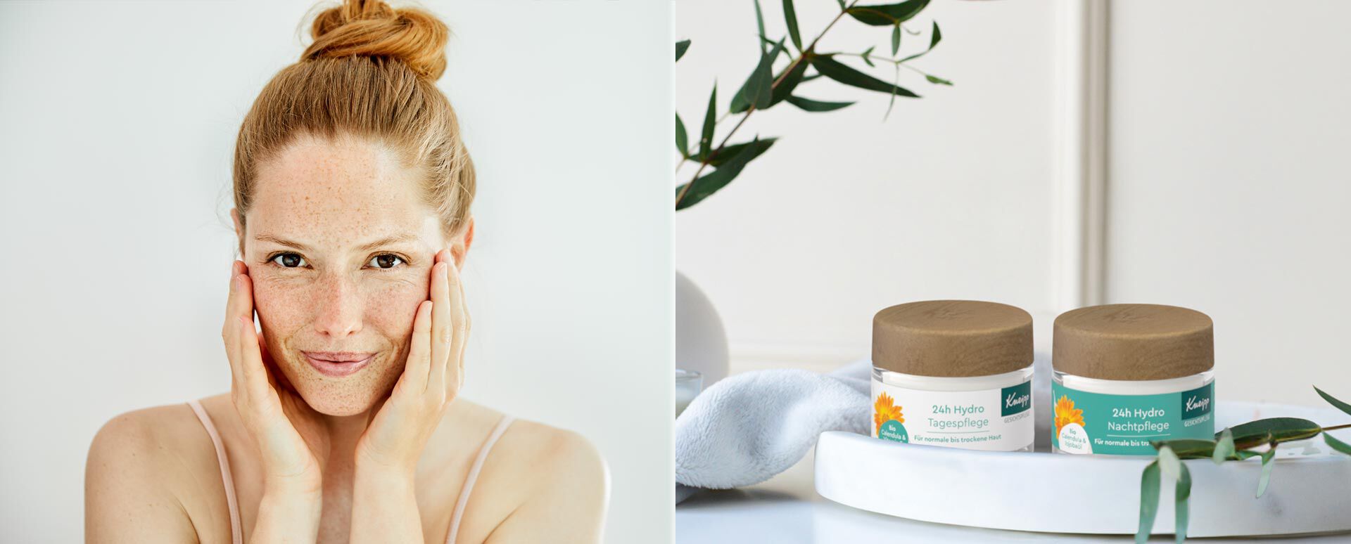 Frau hält beide Hände an ihre Wangen, 24 h Hydro Gesichtspflege Produkte stehen auf Tablett