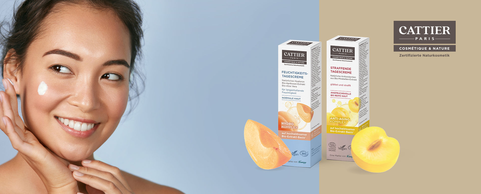 Cattier Paris lächelnde Frau cremt sich ihr Gesicht ein. Zudem werden Cattier Produkte angezeigt