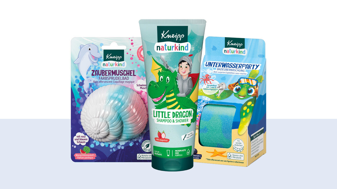 Abbildung der Kneipp Naturkind Produkte Zaubermuschel, Little Dragon und Unterwasserparty