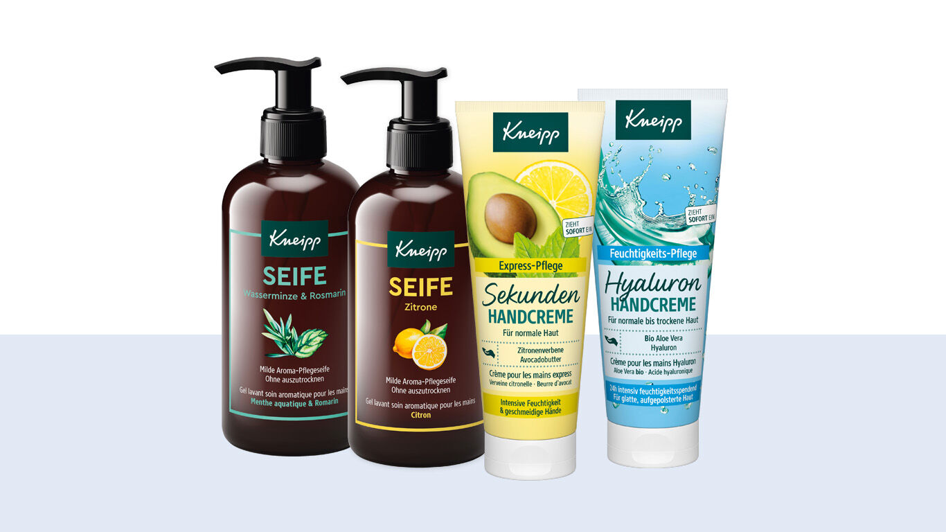 Abbildung der Kneipp Produkte Handseife Wasserminze, Handseife Zitrone, Sekunden Handcreme, Hyaluron Handcreme