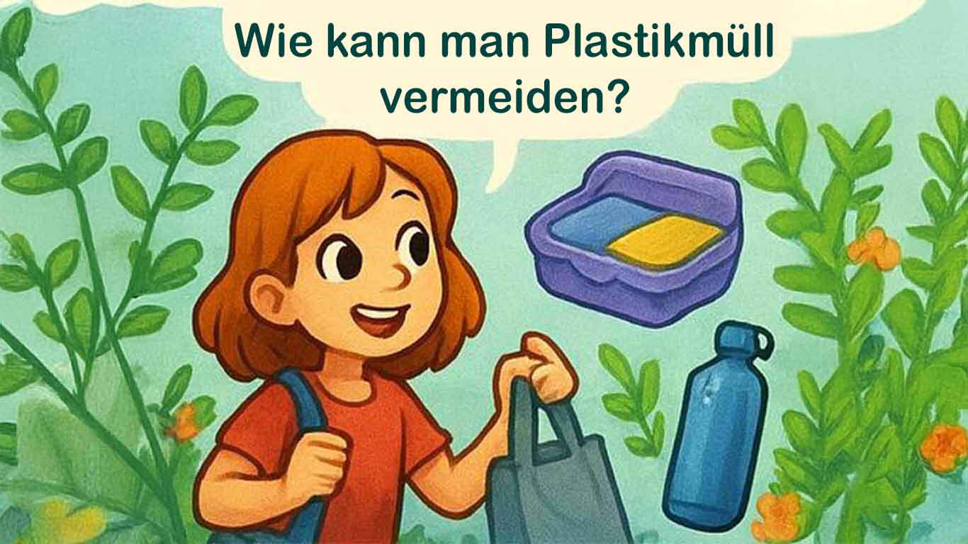 Illustration eines lachendes Kindes, das mit einem Jutebeutel. mehrzweg Brotdose und einer Glasflasche im Grünen steht, mit dem Titel „Wie lässt sich Plastik im Meer verhindern?“.