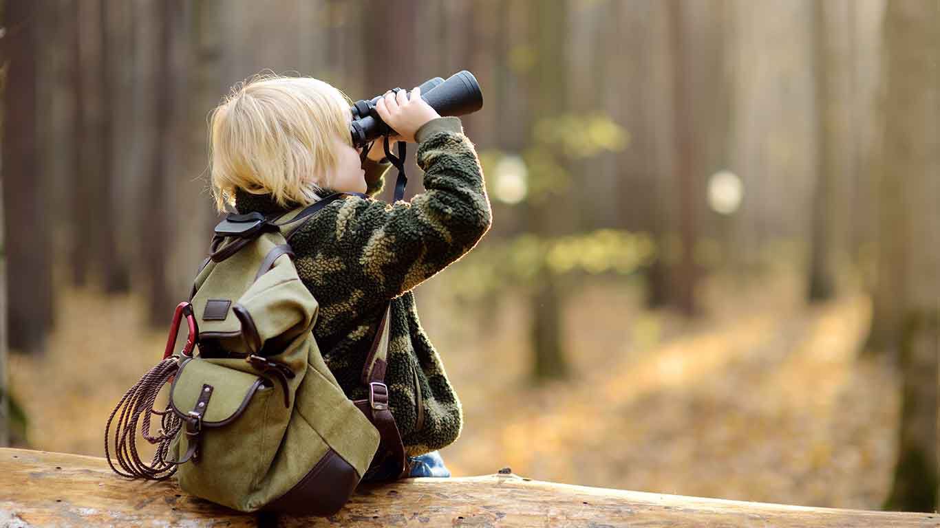 Kind sitzt mit Fernglas auf einem Baumstamm und beobachtet den Wald. 