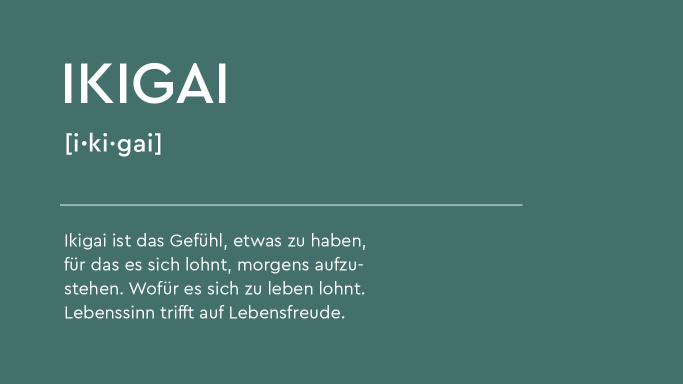 Lautschrift und Erklärung des Wortes Ikigai auf grünen Hintergrund