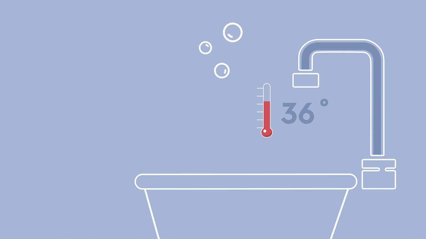 Illustration, die nachhaltiges Baden mit 36 Grad Wassertemperatur, veranschaulicht