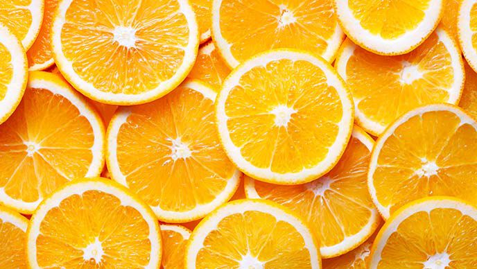 Orangenscheiben nebeneinander aufgereiht.
