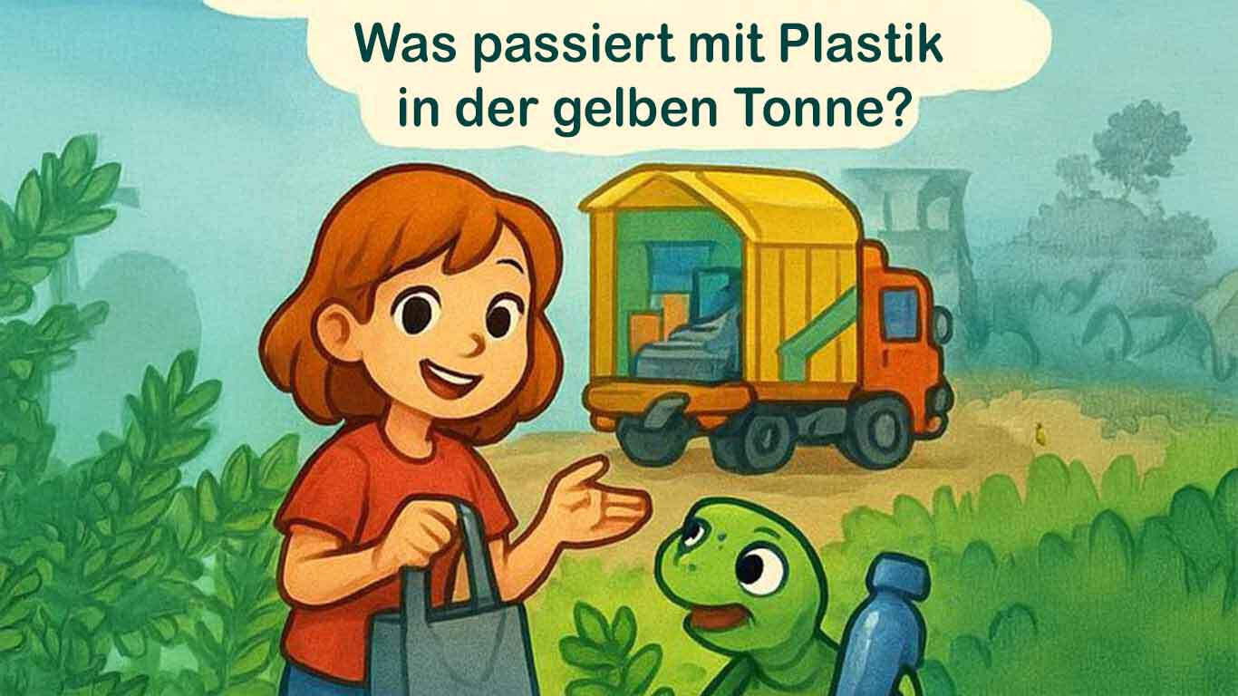 Illustration eines lachendes Kindes, das mit einer lächelnden Schildkröte vor einem Müllwagen steht, mit dem Titel „Was passiert mit Plastik, wenn wir es in die gelbe Tonne oder den gelben Sack werfen?“.