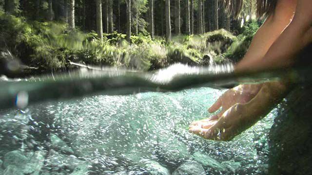 Hands sliding into shallow water.