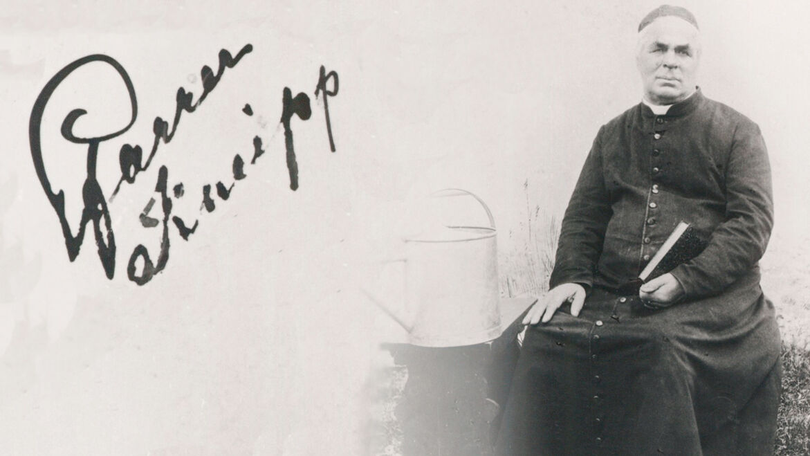 Black and white portrait of Sebastian Kneipp with signature.