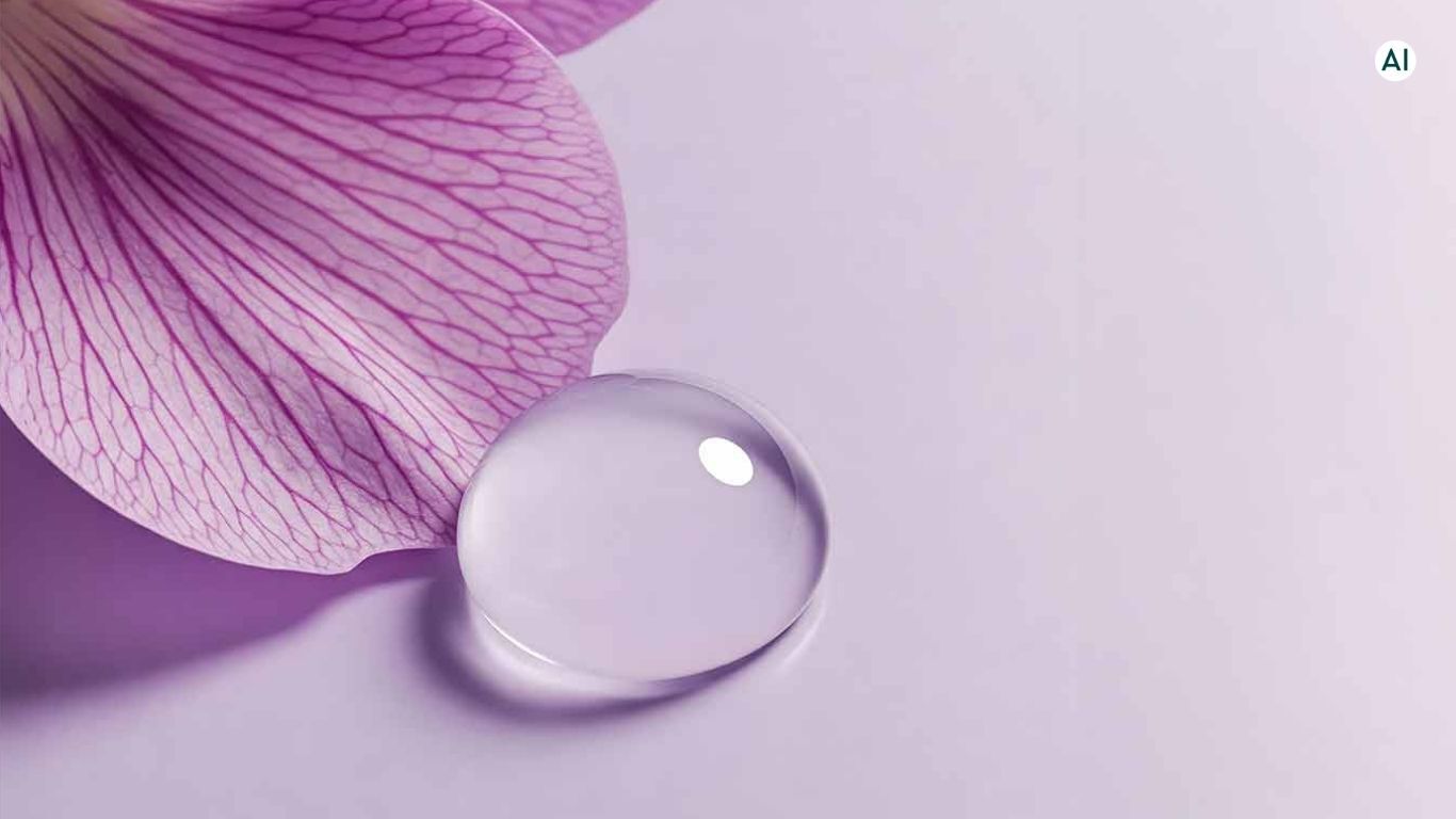 Bakuchiol-Bl&uuml;te, von der ein Wassertropfen perlt auf rosafarbenem Hintergrund. KI Bild. 