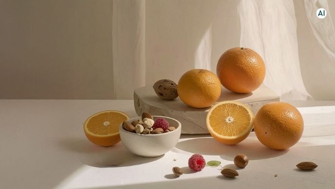 Frische Orangen mit N&uuml;ssen und Beeren auf heller Naturstein-Deko &ndash; gesundes Food-Arrangement.