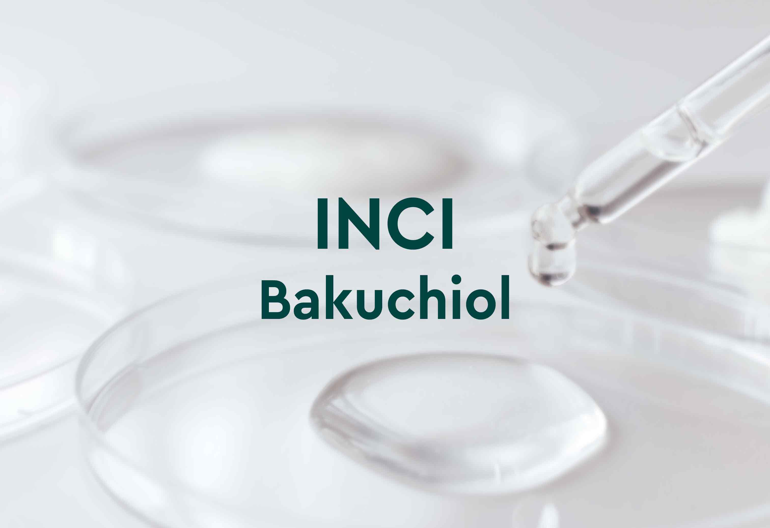 Bild mit Pipette und Petrischale mit Flüssigkeit, darauf Text: INCI Bakuchiol.