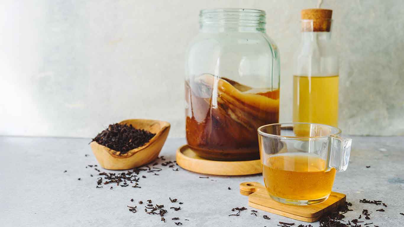 Selbstgemachter Kombucha, daneben Tee und fertiger Kombucha. 