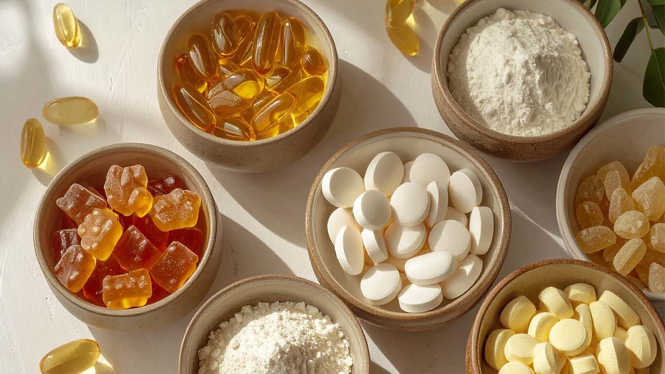 Verschiedene Nahrungserg&auml;nzungsmittel in Keramikschalen