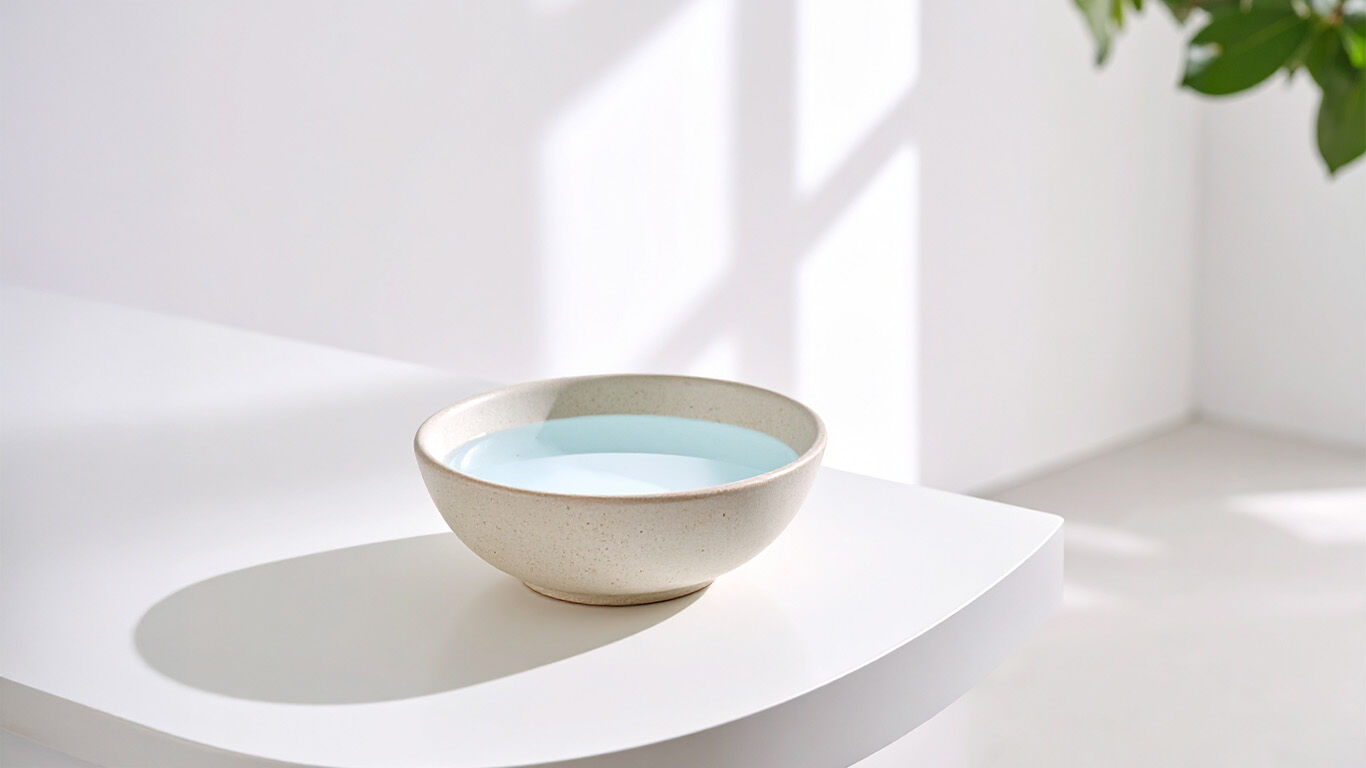 Schale mit klarem Wasser auf hellem Tisch in nat&uuml;rlicher Lichtstimmung.