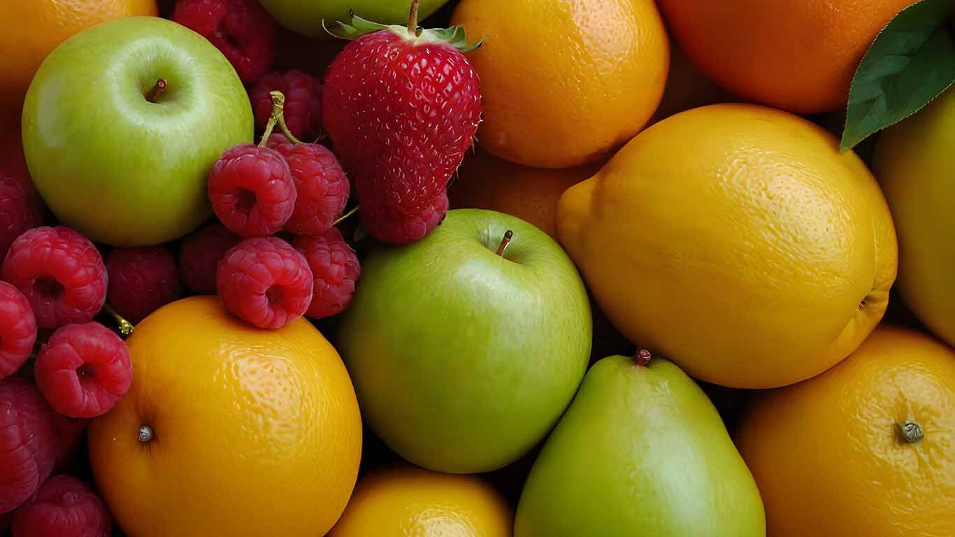 Nahaufnahme von fr&uuml;chten die nebeneinanderliegen (Orange, Zitronen, gr&uuml;ne &Auml;pfel, Himbeeren, Erdbeeren)