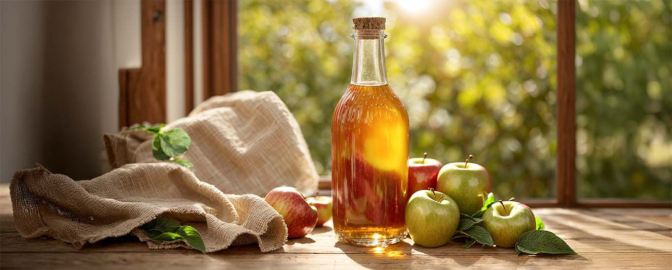 Glasflasche mit Apfelessig auf Holztisch, daneben Äpfel.
