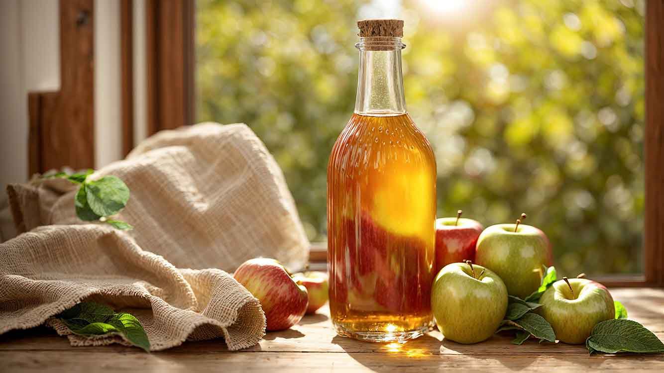 Glasflasche mit Apfelessig auf Holztisch, daneben Äpfel.