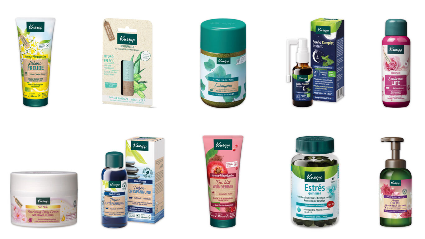 Länderspezifische Kneipp Produkte nebeneinander. 