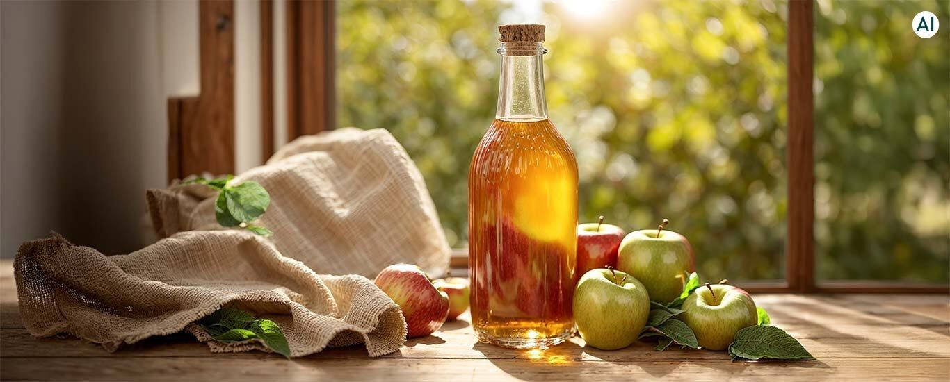 Glasflasche mit Apfelessig auf Holztisch, daneben &Auml;pfel.