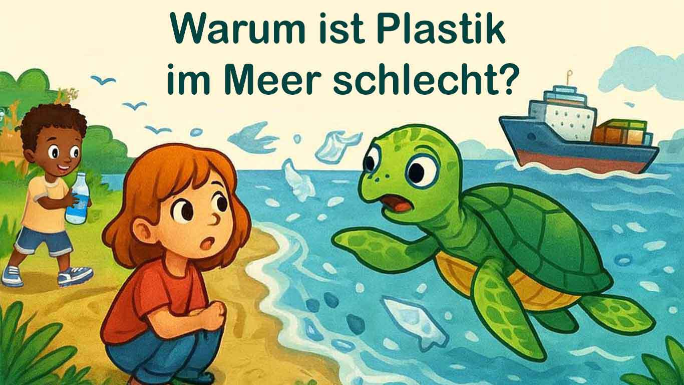 Illustration einer Schildkröte im verschmutzten Meer, die besorgt einem Kind am Strand begegnet; im Hintergrund sammelt ein Junge Plastikflaschen. Überschrift: „Warum ist Plastik im Meer schlecht?“.