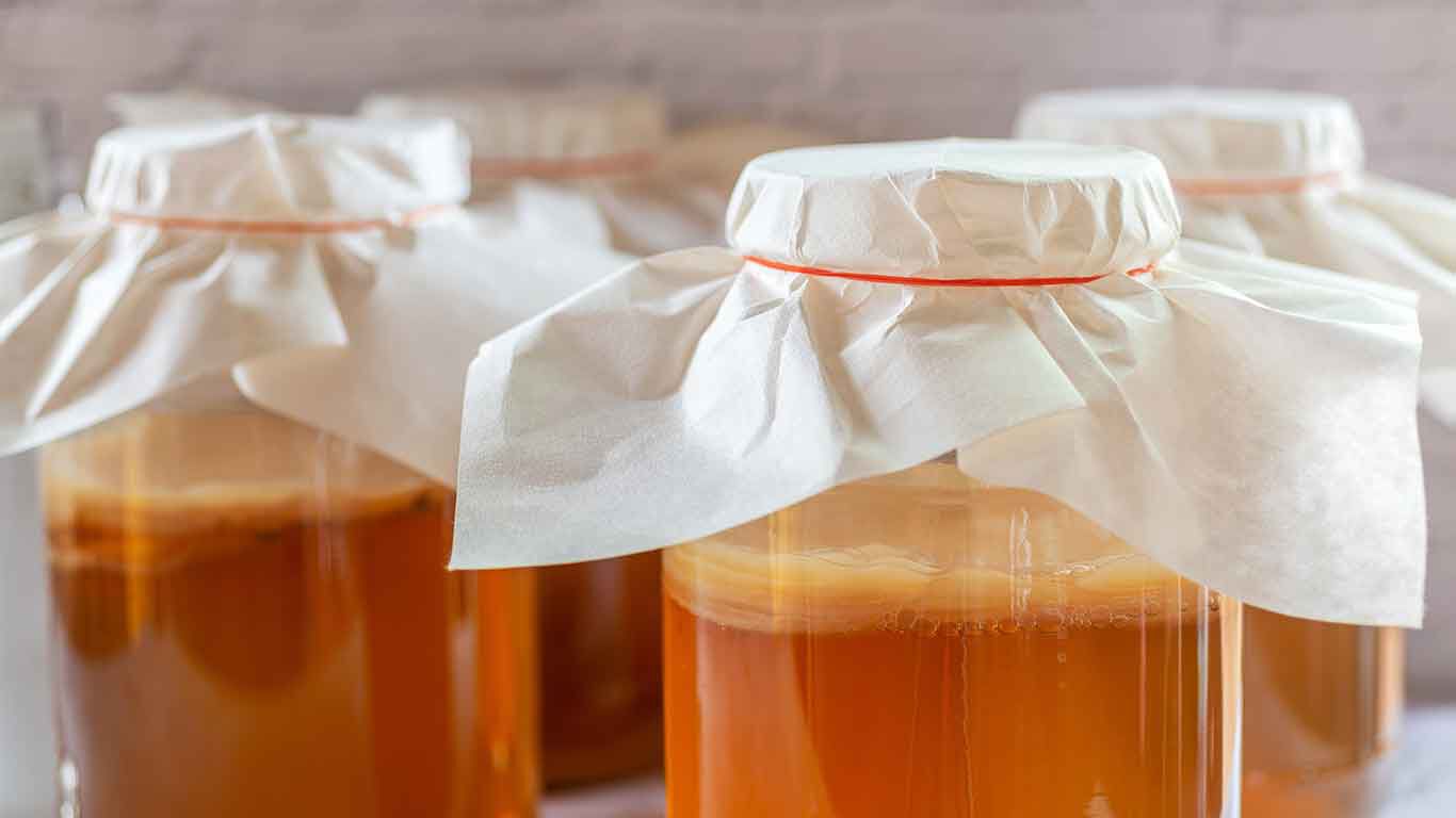 Sebstgemachter Kombucha, abgedeckt mit Tuch. 