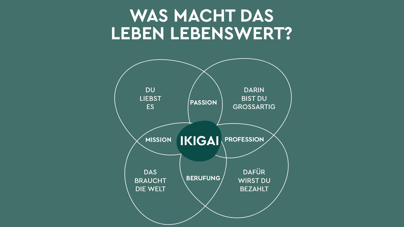 Visuelle Darstellung des Ikigai Modells in 4 Bubbels.