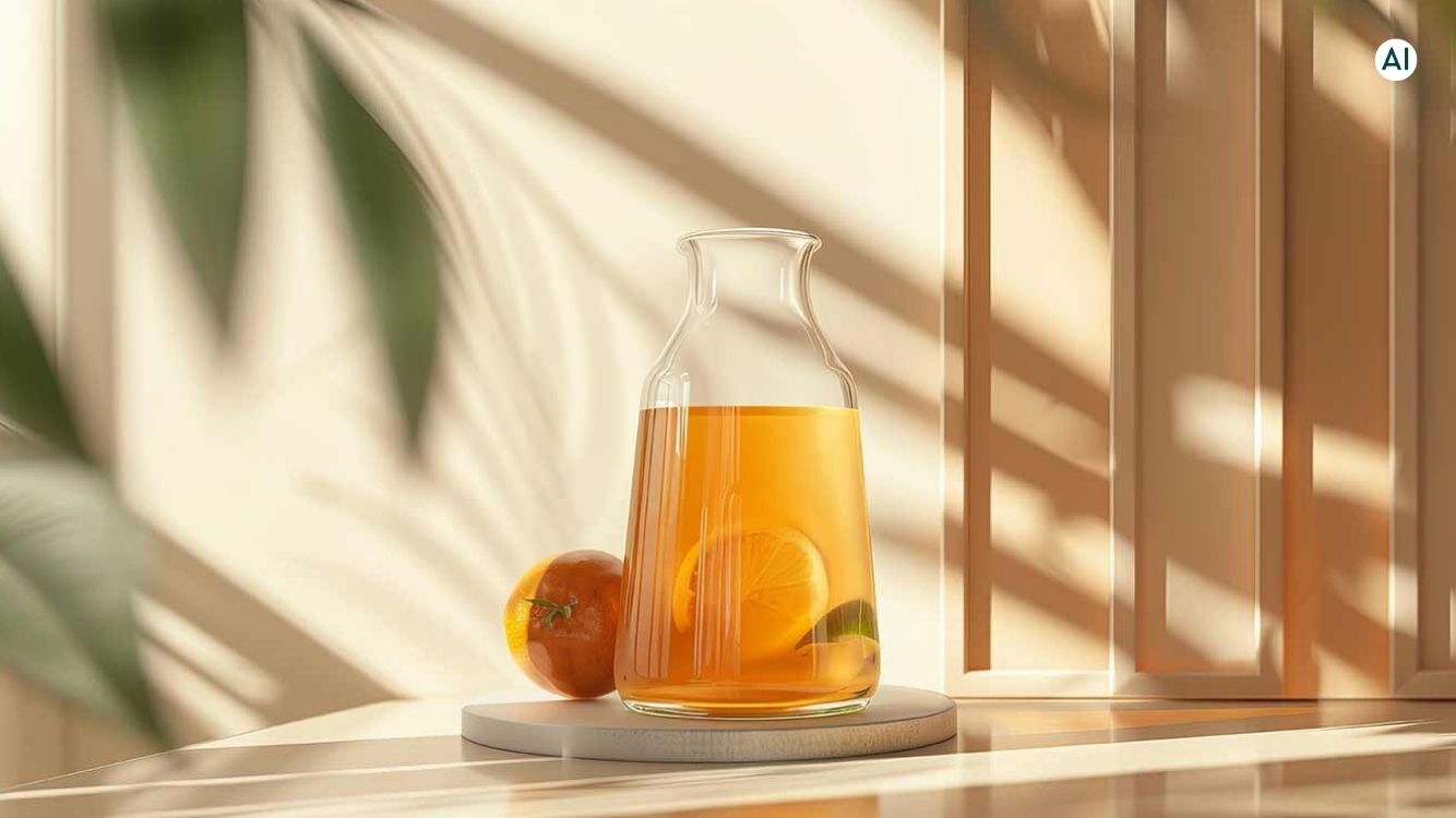 Kombucha in Gef&auml;&szlig;. Orangenscheibe im Gef&auml;&szlig;.
