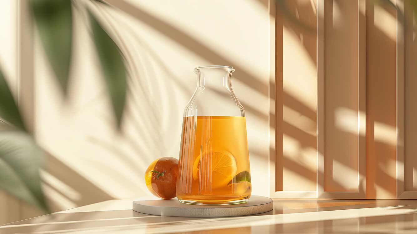 Kombucha in Gefäß. Orangenscheibe im Gefäß.