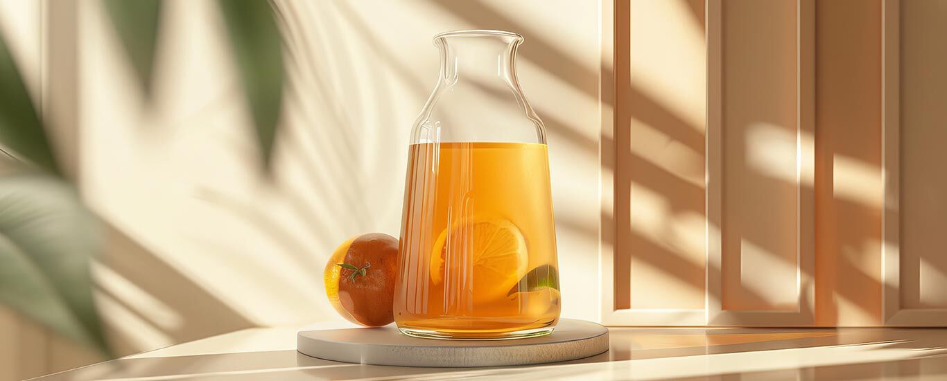 Kombucha in Gefäß. Orangenscheibe im Gefäß.