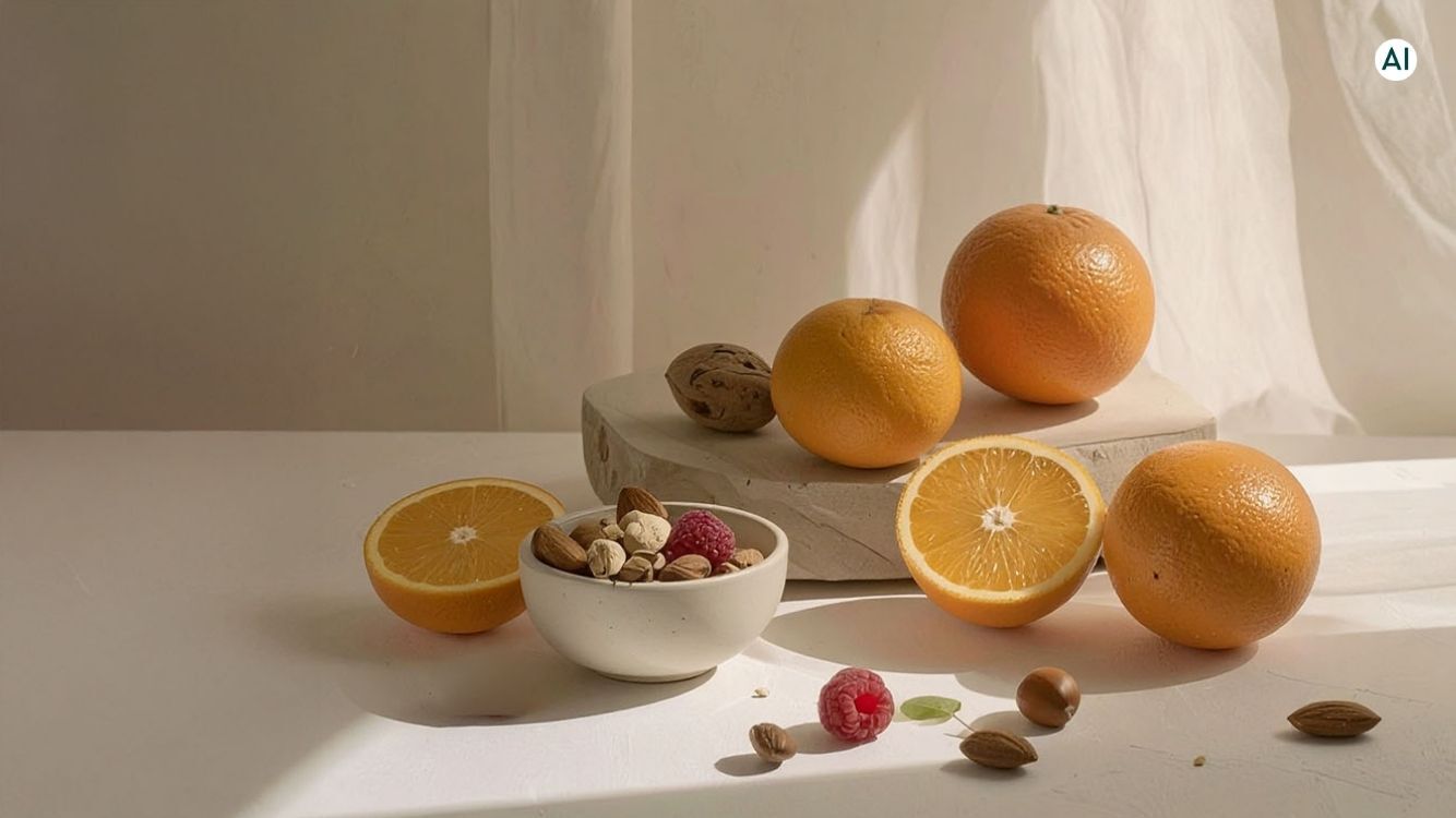 Frische Orangen mit N&uuml;ssen und Beeren auf heller Naturstein-Deko &ndash; gesundes Food-Arrangement.