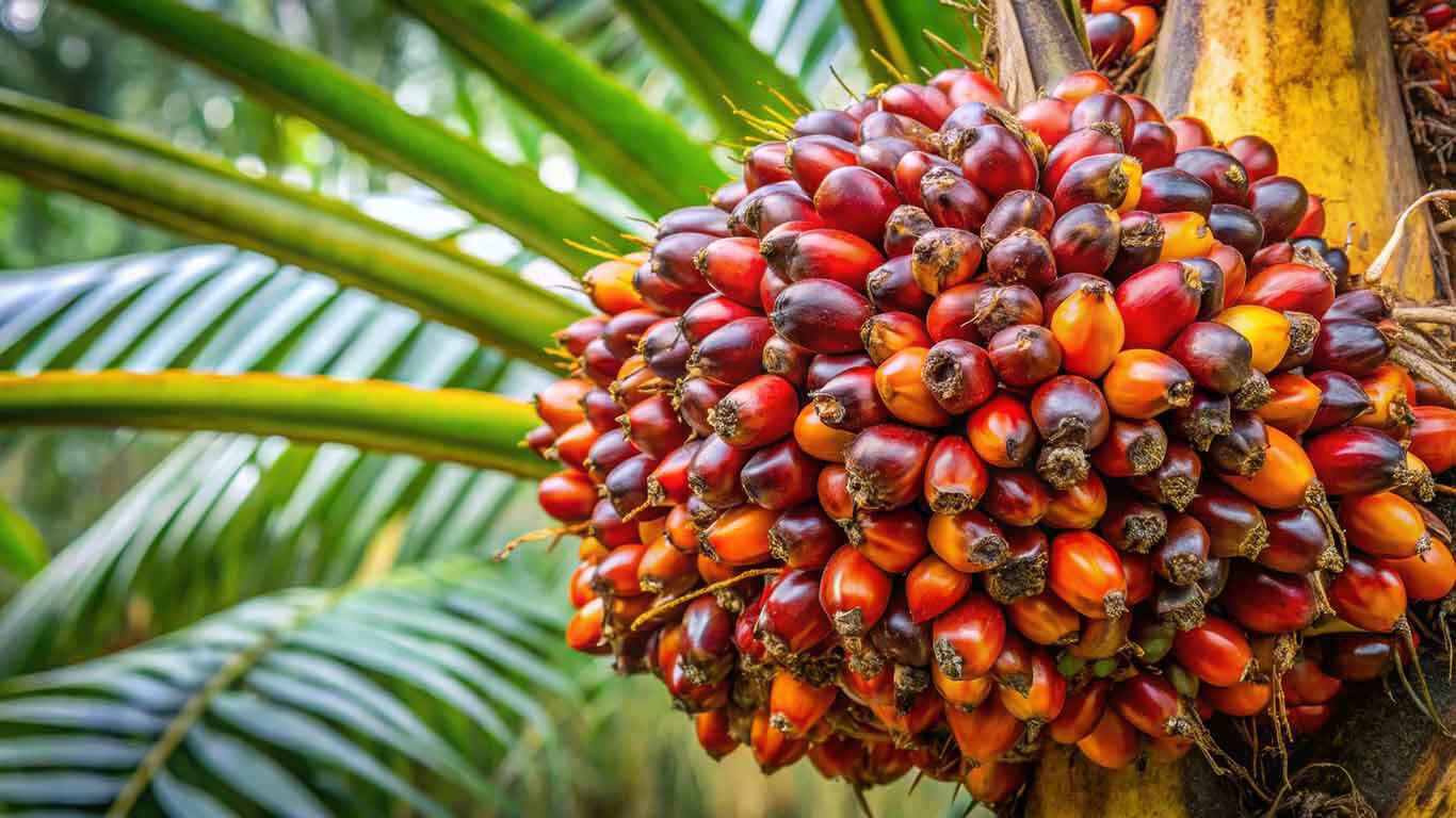 Nahaufnahme einer Palmpflanze mit reifen, orange/rotfarbenen Früchten zwischen den Blättern