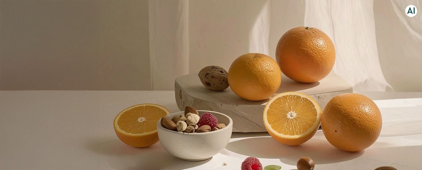Frische Orangen mit N&uuml;ssen und Beeren auf heller Naturstein-Deko &ndash; gesundes Food-Arrangement.
