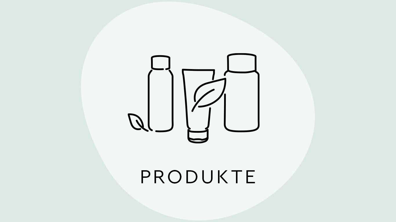 Symbolgrafik dreier Verpackungen darauf die Out Lines eines Blattes, darunter das Wort „Produkte“