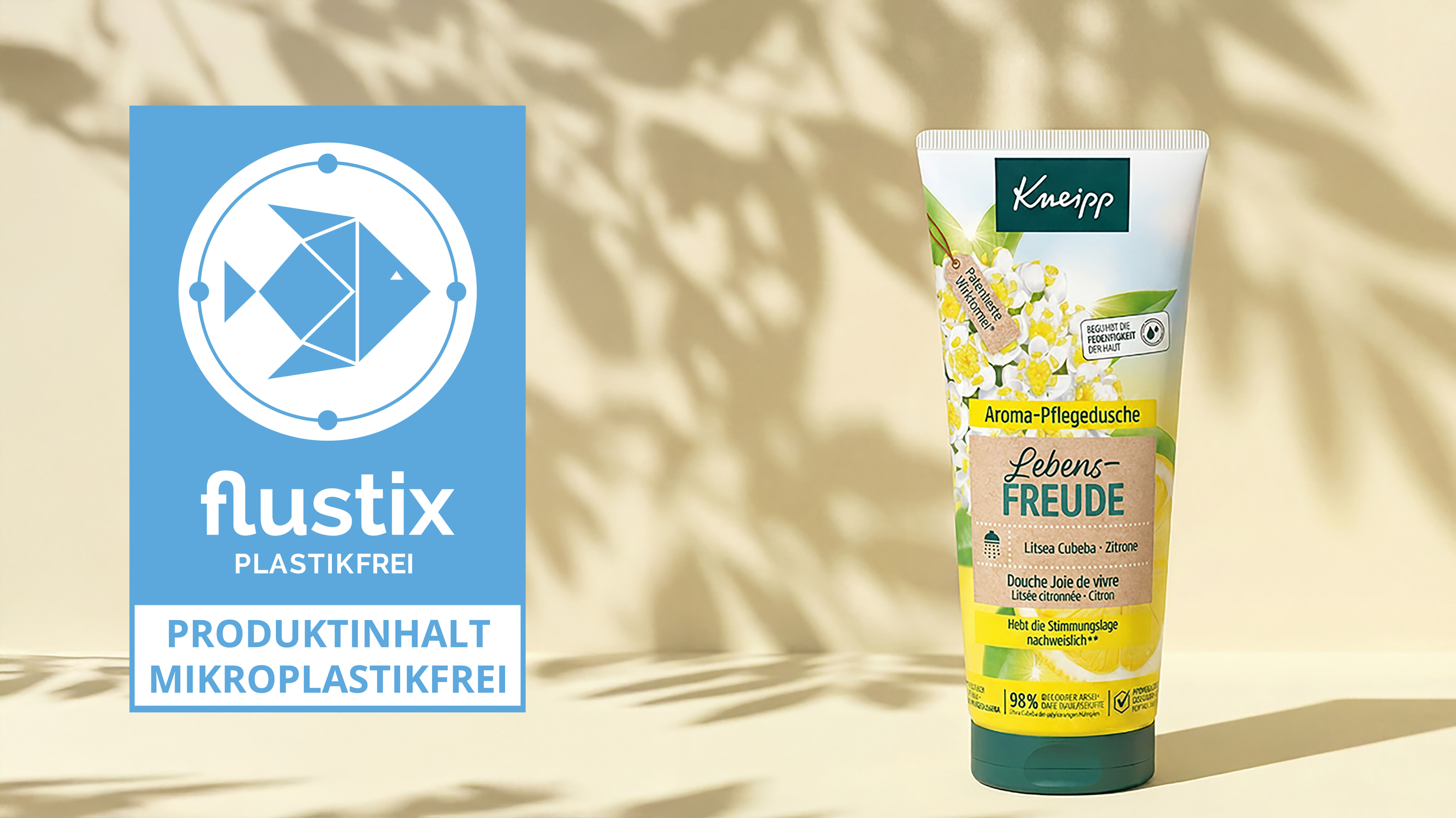 Kneipp Duschgel &bdquo;Lebensfreude&ldquo; mit Fustix-Zertifikat f&uuml;r mikroplastikfreie Formel, Produkt freigestellt auf hellem Hintergrund mit Blattschatten.