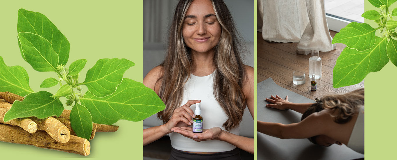 Frau benutzt Ashwagandha Spray von Kneipp.