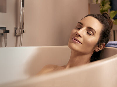 woman soaking in a Good Night mineral bath 