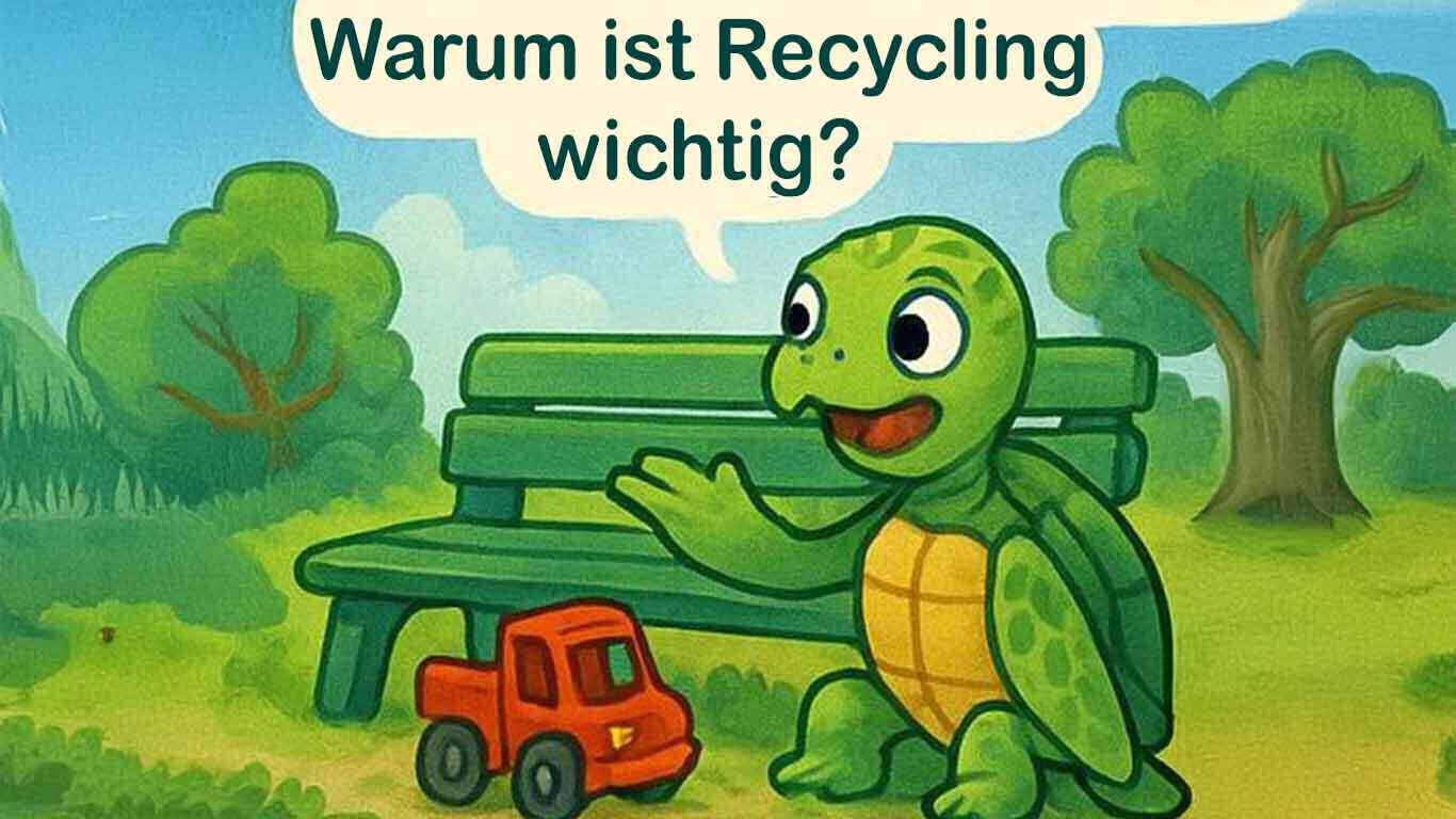 Illustration einer Schildkr&ouml;te auf einer Parkbank, die neben einem roten Spielzeugauto sitzt und erkl&auml;rt, warum Recycling wichtig ist.