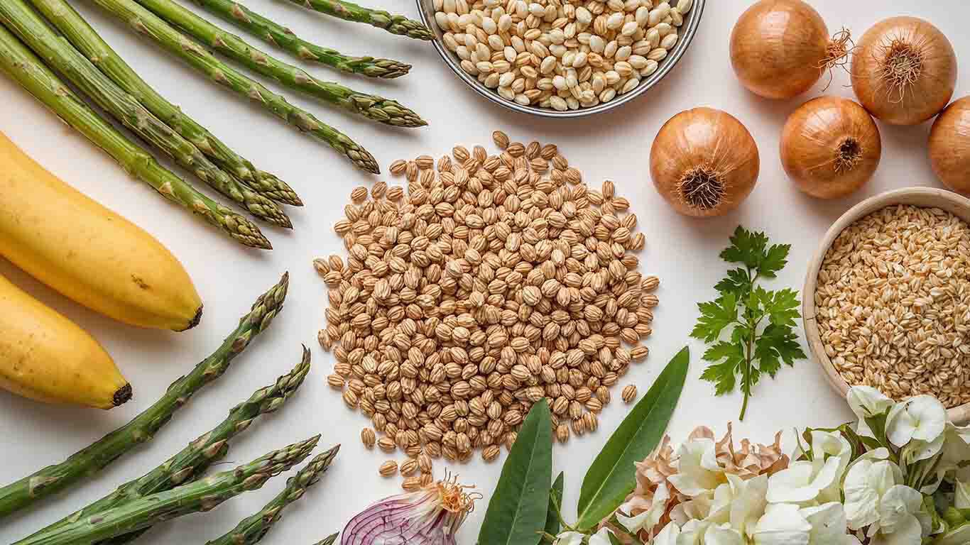 Abbildung von, Bananen, Spargel, Zwiebeln, Knoblauch und Nüssen