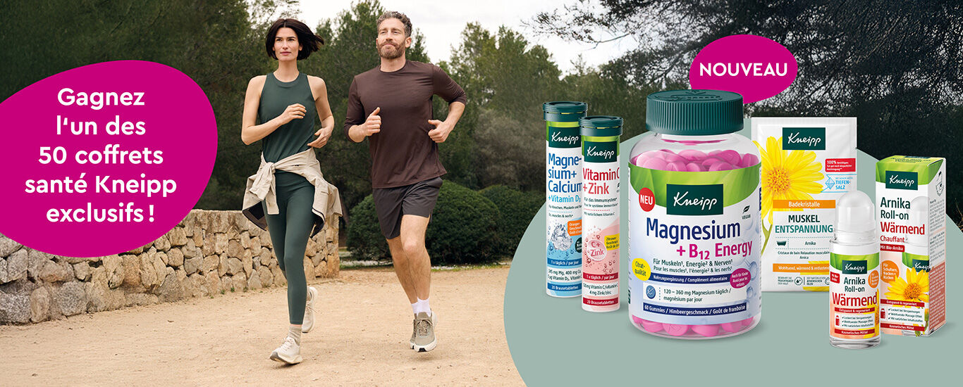 Joggendes Paar mit Kneipp Nahrungsergänzungsmitteln im Vordergrund und einem Störer für ein Gewinnspiel