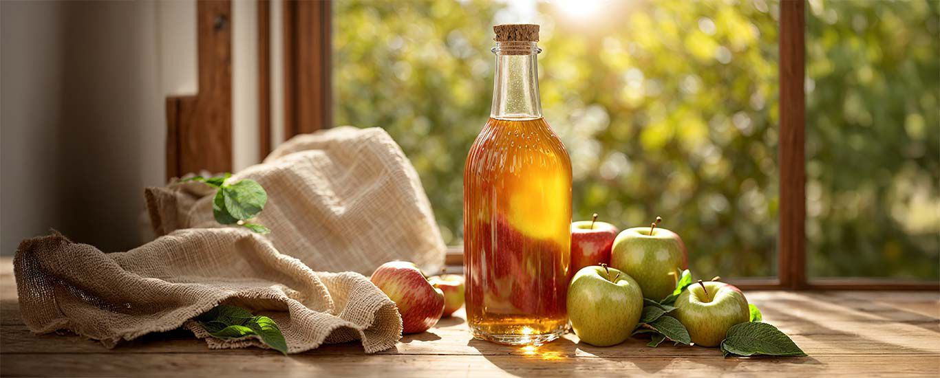 Glasflasche mit Apfelessig auf Holztisch, daneben Äpfel.