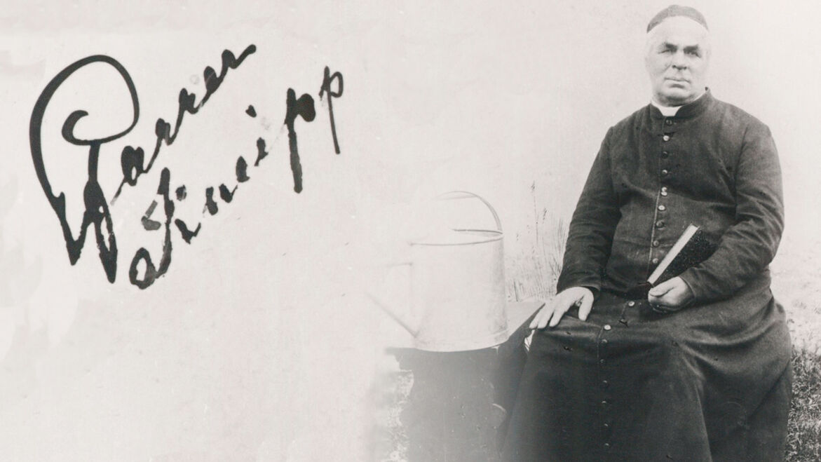 Schwarz-weiß Porträt von Sebastian Kneipp mit Signatur.