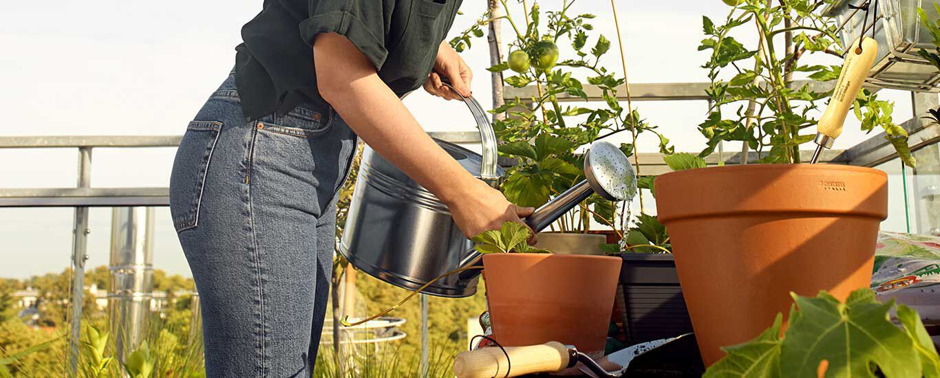 Une femme arrose des plantes sur le balcon. 