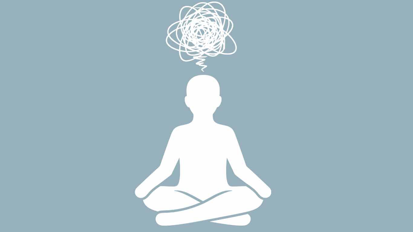 Silhouette en position de m&eacute;ditation avec une pelote de lignes blanches confuses au-dessus de la t&ecirc;te.